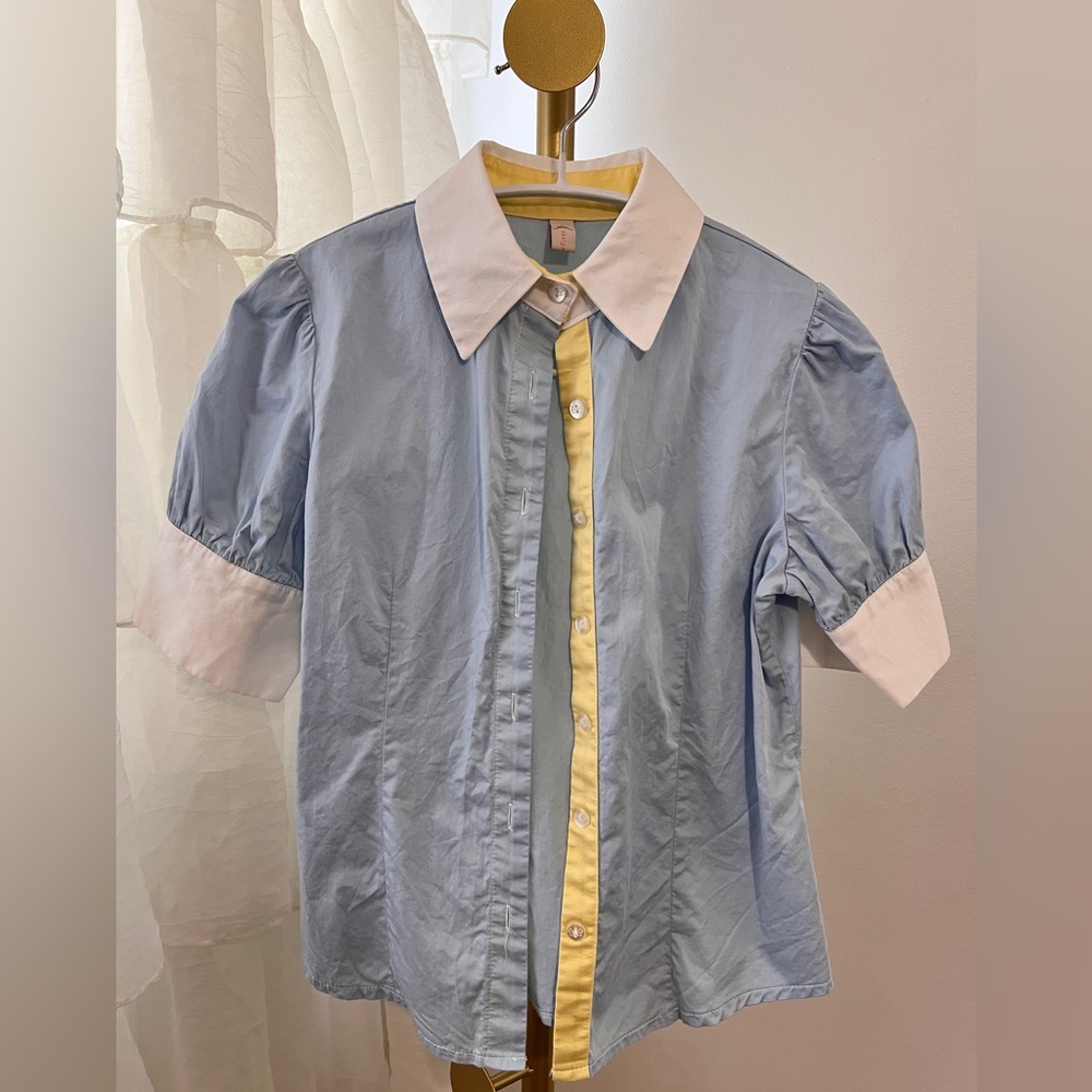 Sky Blue Fitted Short Sleeve Shirt Blouse